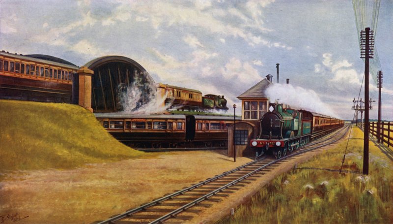 Tre ekspresstog fra London og South Western Railway ved Battledown Junction, Hampshire (farge litho) av English School