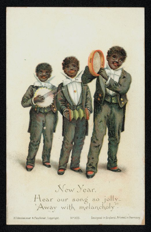 Tre svarte gutter som spiller musikkinstrumenter, nyttårs gratulasjonskort (chromolitho) av English School