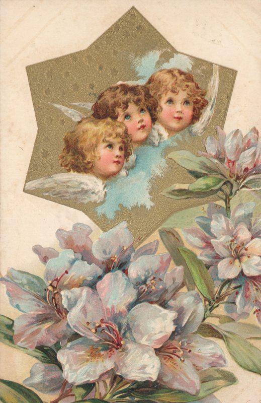 Tre kjeruber i et bilde dekorert med blomster av English School