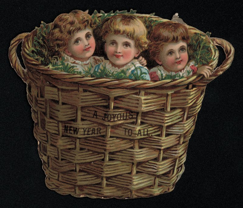 Tre barn i en kurv, nyttårs gratulasjonskort. (chromolitho) av English School