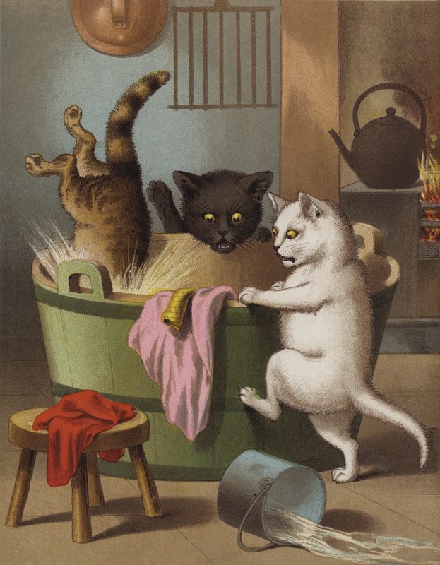 Tre små kattunger som leker med et vaskekar (chromolitho) av English School
