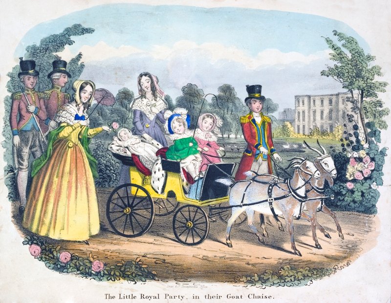 Tre av dronning Victorias barn kjører i vogn trukket av geiter (farge litho) av English School