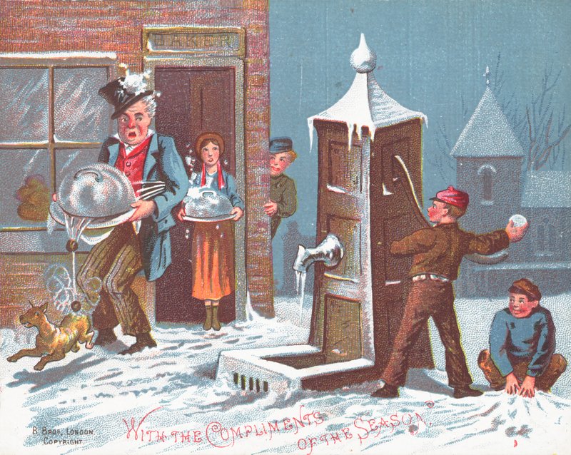 Kaster snøballer på The Baker, julekort av English School