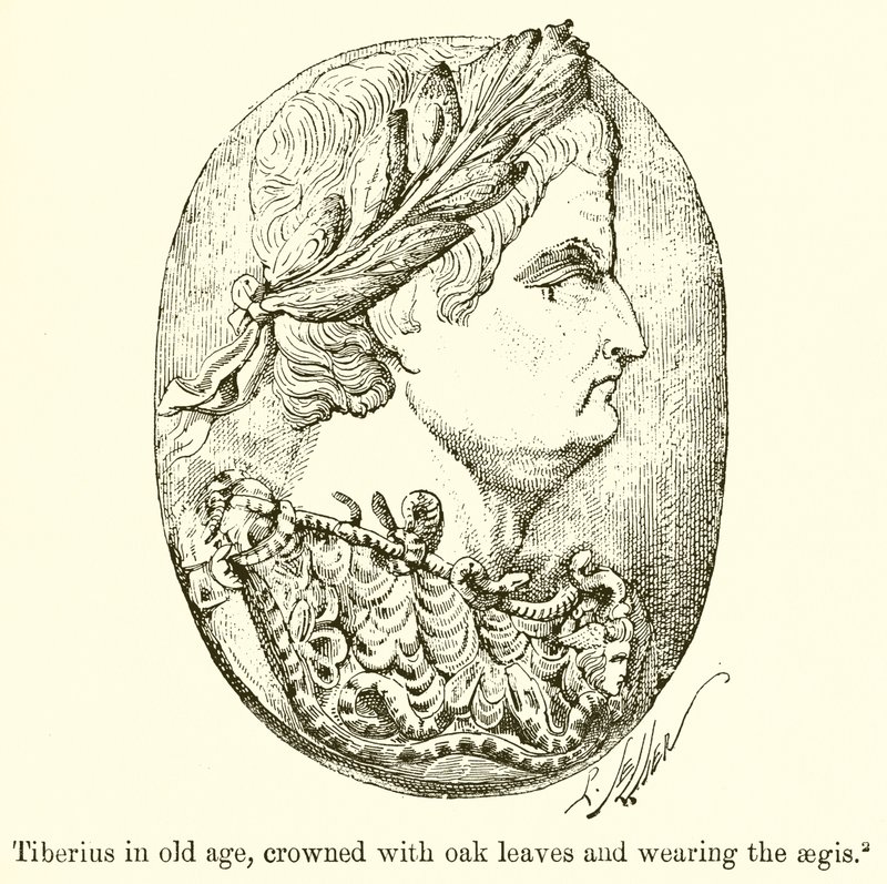 Tiberius i alderdom, kronet med eikeløv og iført Aegis av English School