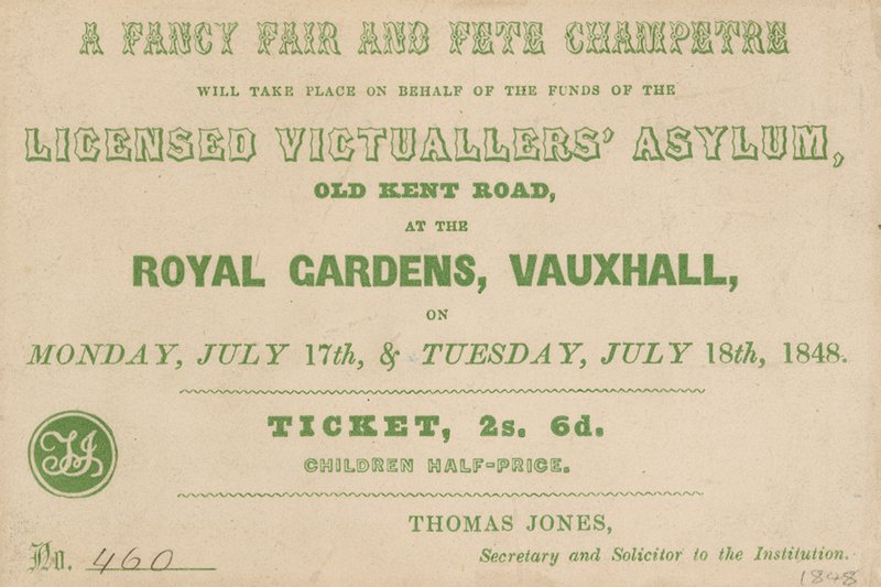 Billett til A Fancy Fair og Fete Champetre i Royal Gardens, Vauxhall, London av English School