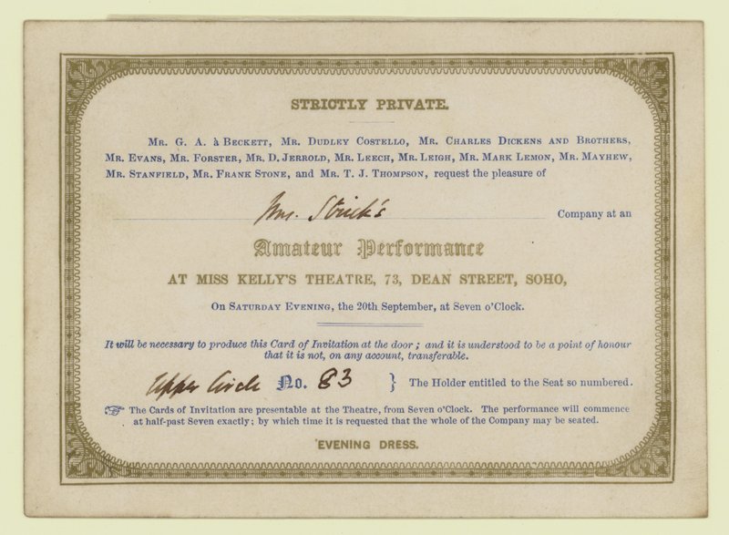 Billett til Charles Dickens amatørdramatiske forestilling, 1845 av English School