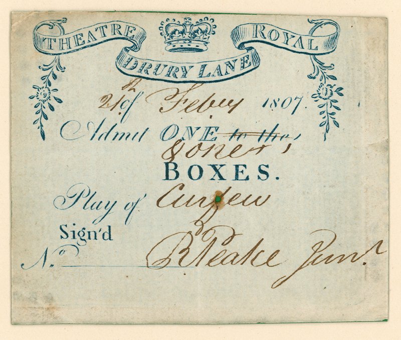 Billett til Drury Lane Theatre, London av English School