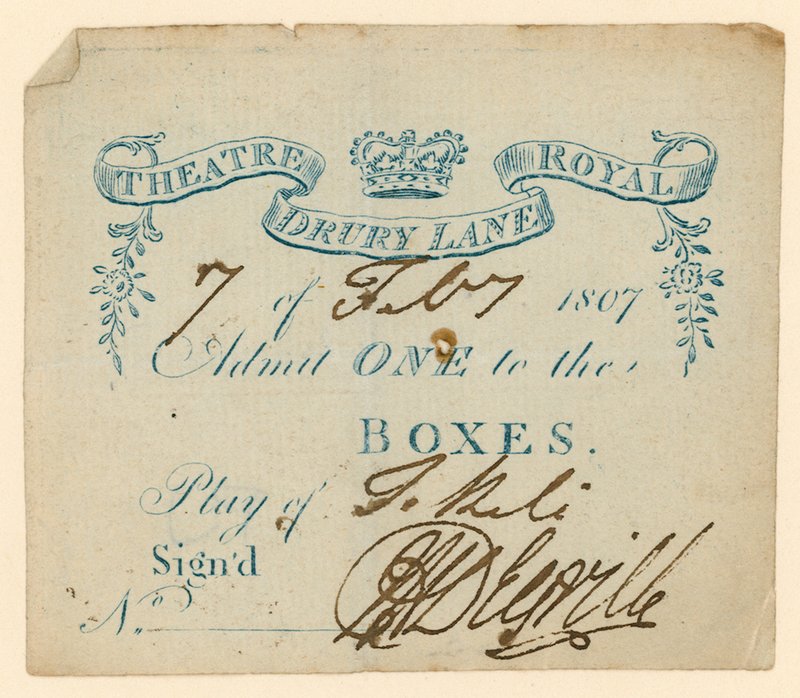 Billett til Drury Lane Theatre, London av English School