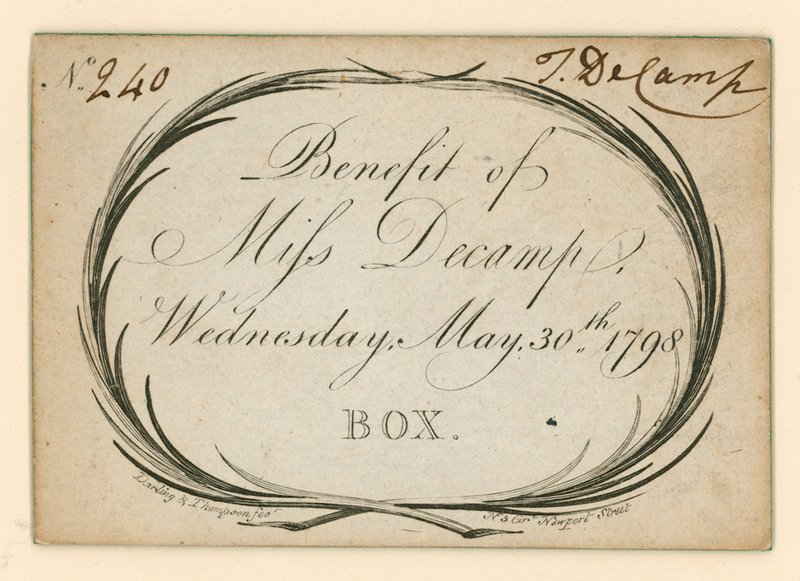 Billett til Drury Lane Theatre, London: Benefit of Miss Decamp, 30. mai 1798 av English School