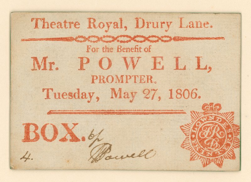 Billett til Drury Lane Theatre, London: For the Benefit of Mr Powell, sufflør, 27. mai 1806 av English School