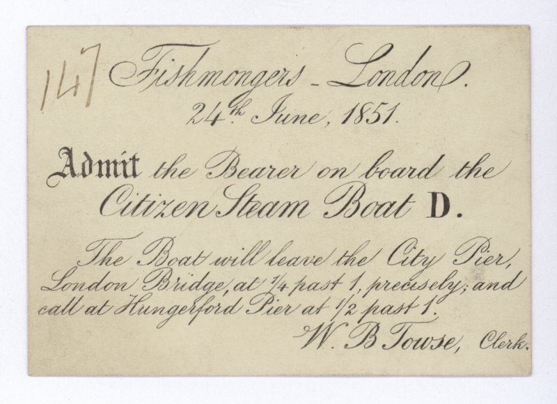 Billett for fiskehandlere i London for å ta en båttur på Citizen Steam Boat, 24. juni 1851 av English School