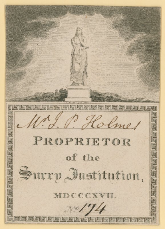 Billett for innehaver av Surrey Institution, datert 1817 av English School