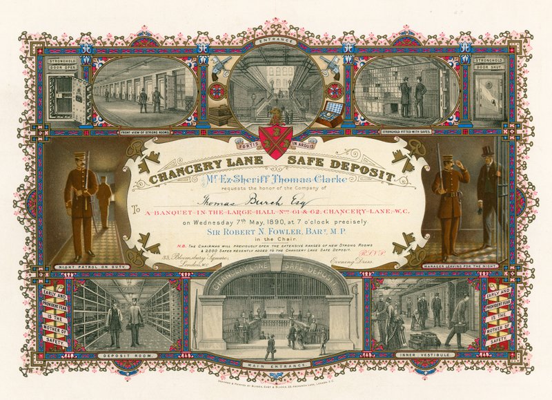 Billett til en bankett i den store salen til Chancery Lane Safe Deposit, 61-62 Chancery Lane, London av English School