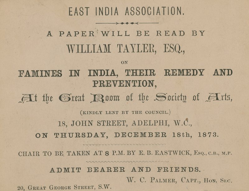 Billett til et foredrag av William Tayler fra East India Association av English School