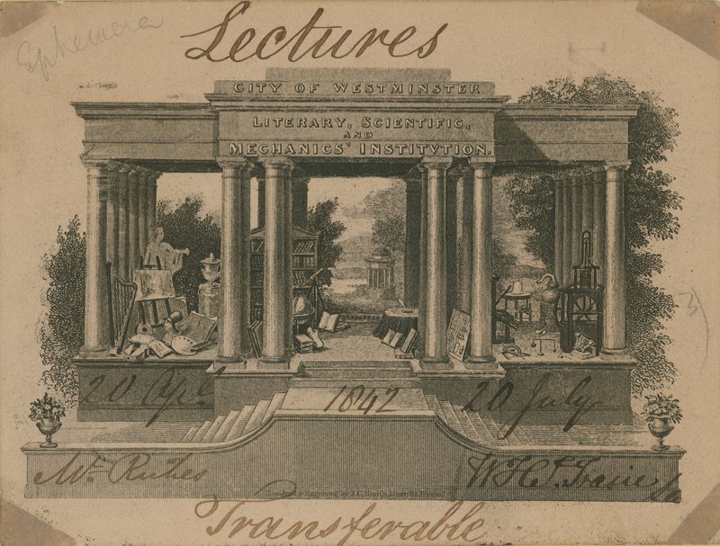 Billett til forelesninger ved City of Westminster Literary, Scientific and Mechanics Institution av English School