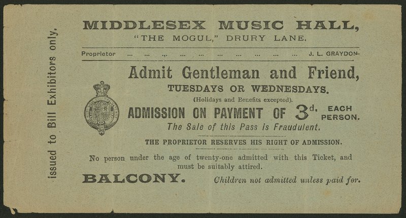 Billett til Middlesex Music Hall, The Mogul, Drury Lane, London av English School