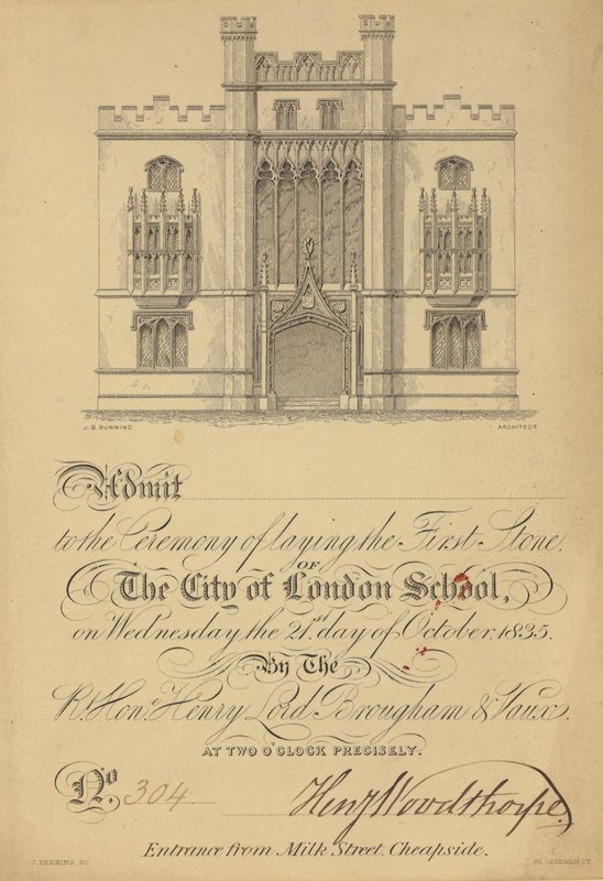 Billett for legging av den første steinen til City of London School, 21. oktober 1835 av English School