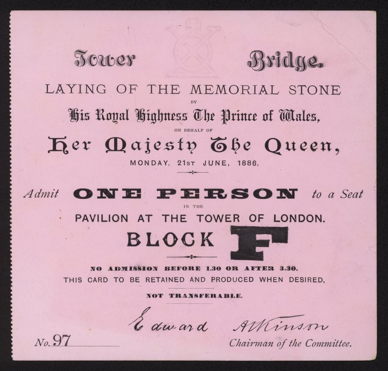 Billett for leggingen av minnesteinen ved Tower Bridge, London, 21. juni 1886 av English School