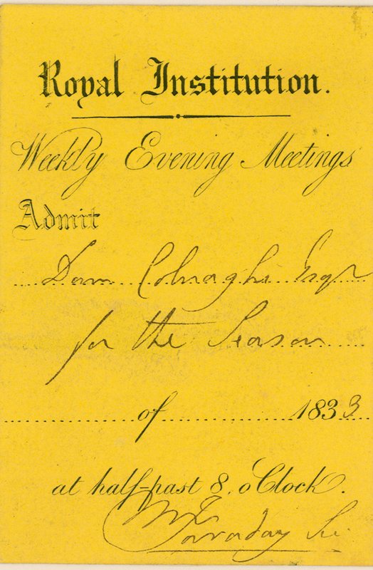 Inngangsbillett til Royal Institution, Albemarle Street, London, til et foredrag av Michael Faraday av English School