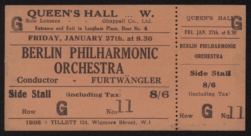 Billett til en konsert av Berlin Philharmonic Orchestra, Queens Hall, London fredag 27. januar 1928 av English School