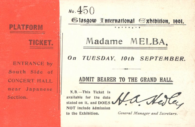 Billett for å høre Nellie Melba på Glasgow International Exhibition, 1901 (trykk) av English School