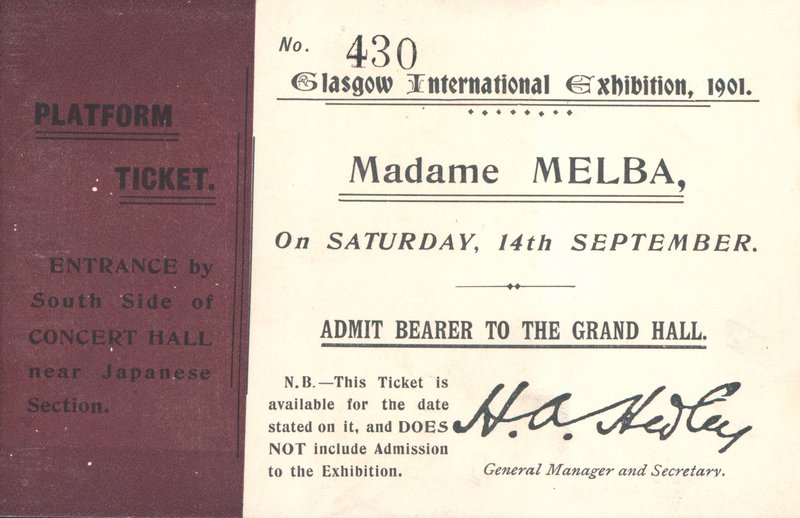 Billett for å høre Nellie Melba på Glasgow International Exhibition, 1901 (trykk) av English School