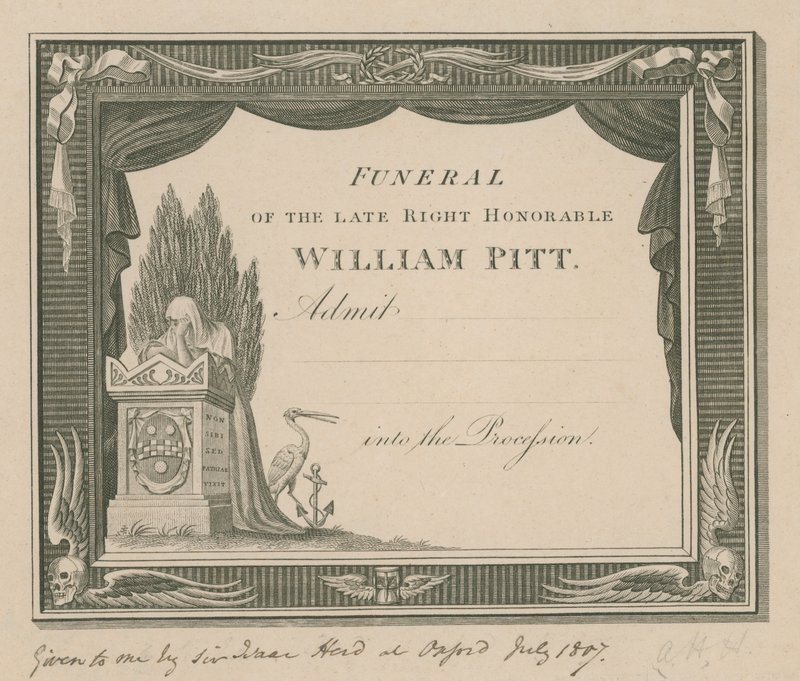 Billett til begravelsen til avdøde William Pitt av English School