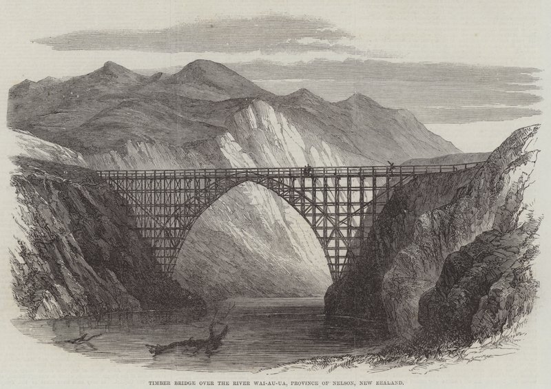Timber Bridge over elven Wai-Au-Ua, provinsen Nelson, New Zealand (gravering) av English School