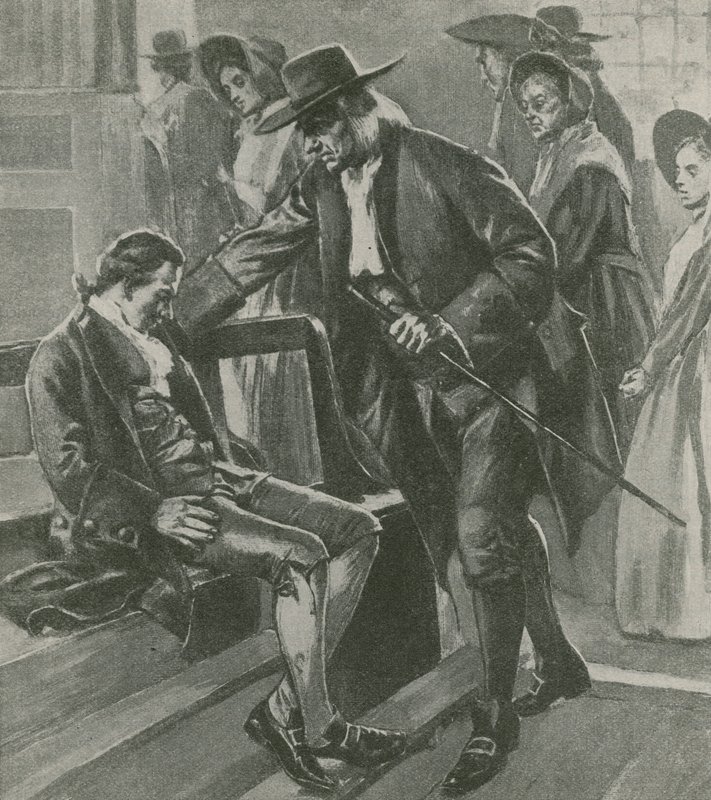 Trøtt og sulten sovner Benjamin Franklin i et Quaker møtehus av English School