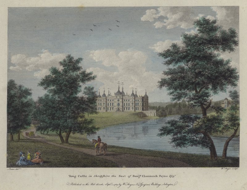 Tong Castle, Shropshire, setet til Benjamin Channock Payne (farget gravering) av English School