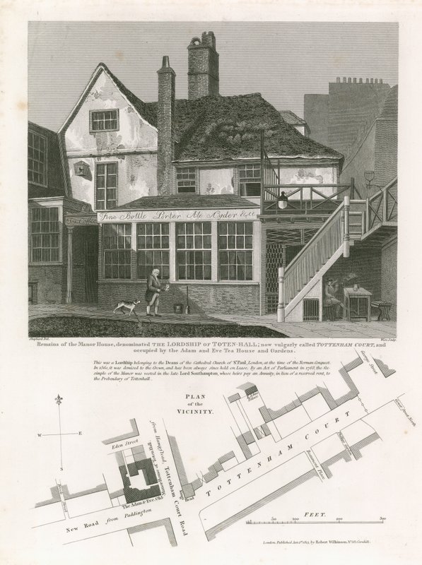Tottenham Court, okkupert av Adam and Eve Tea House and Gardens av English School