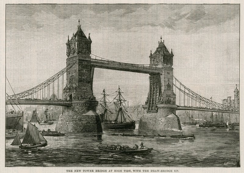 Tower Bridge ved høyvann, med vindebroen opp av English School