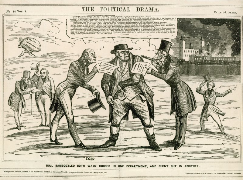 Tower of London brann, 1841. Tegneserie av English School