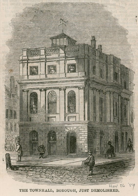 Rådhuset, Borough High Street, Southwark, London, nettopp revet av English School