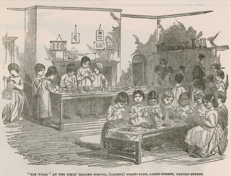 Lekearbeid på jentenes fillete skole, (Camel) Grays Yard, James Street, Oxford Street av English School