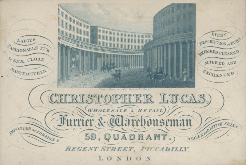 Trade card-reklame Christopher Lucas, engros- og detaljist buntmaker og lagermann, 59, Quadrant, Regent Street, Piccadilly, London (gravering) av English School