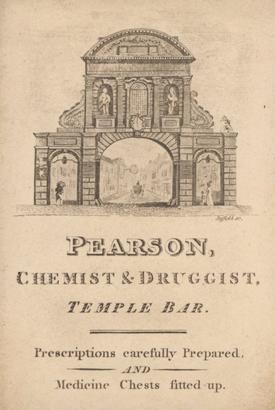 Byttekort for Pearson, apotek og apotek, Temple Bar, London (gravering) av English School