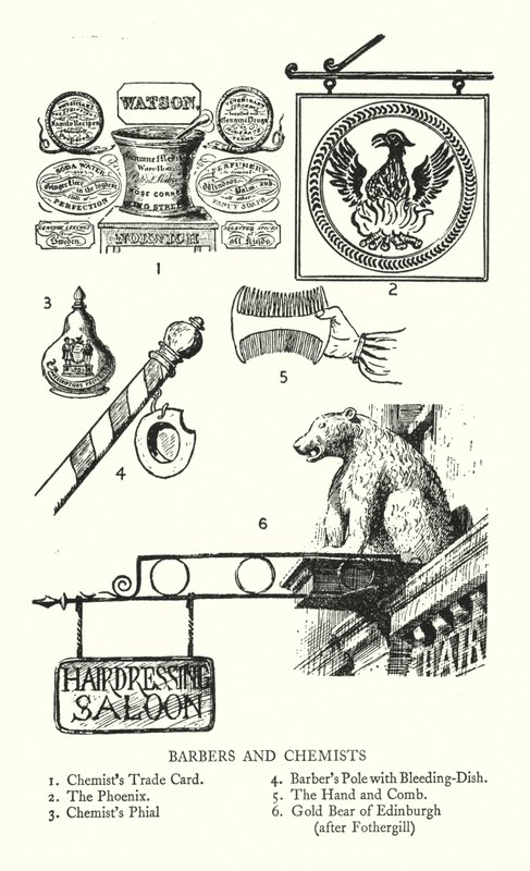 Handelsskilt: Barberere og kjemikere (litho) av English School