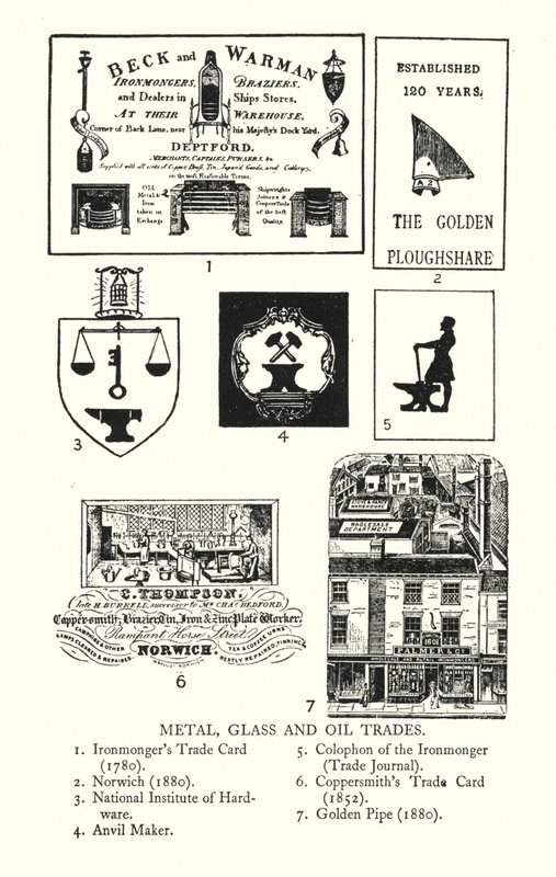 Handelsskilt: Metall-, glass- og oljehandel (litho) av English School