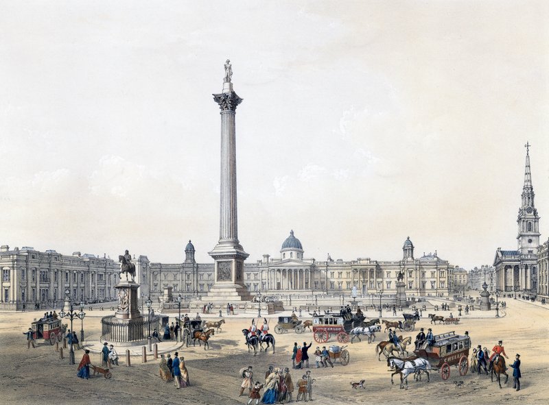 Trafalgar Square med National Gallery og St Martins Church av English School