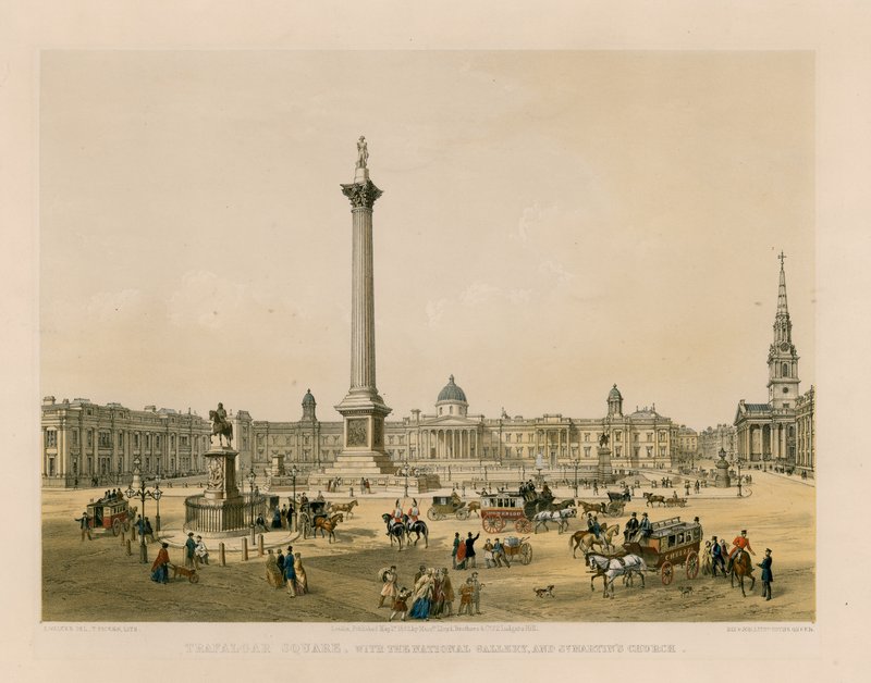 Trafalgar Square med National Gallery og St Martins Church av English School