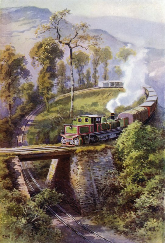 Tog som runder Agony Point, en sløyfe på Darjeeling Himalayan Railway, India (farge litho) av English School