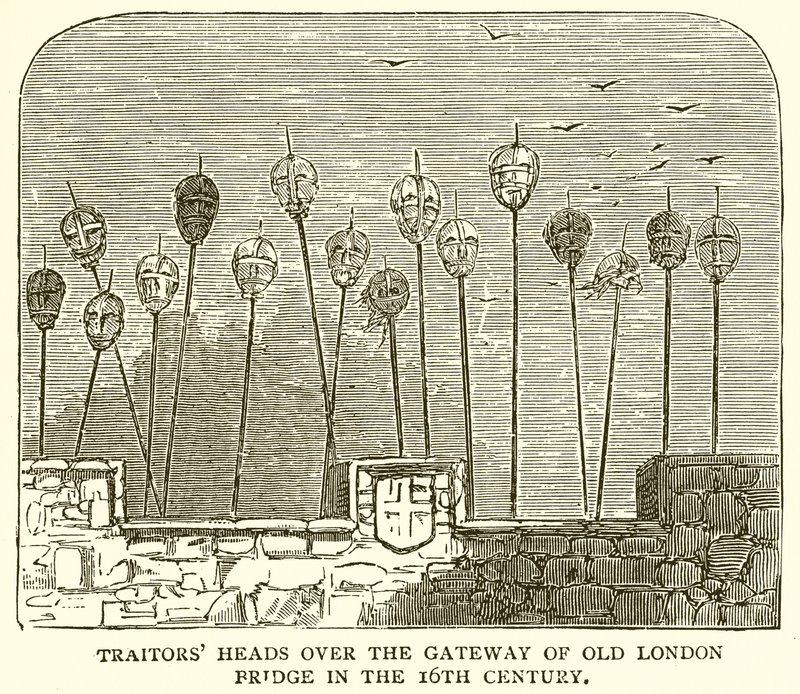 Traitors Heads over Gateway of Old London Bridge på 1500-tallet av English School