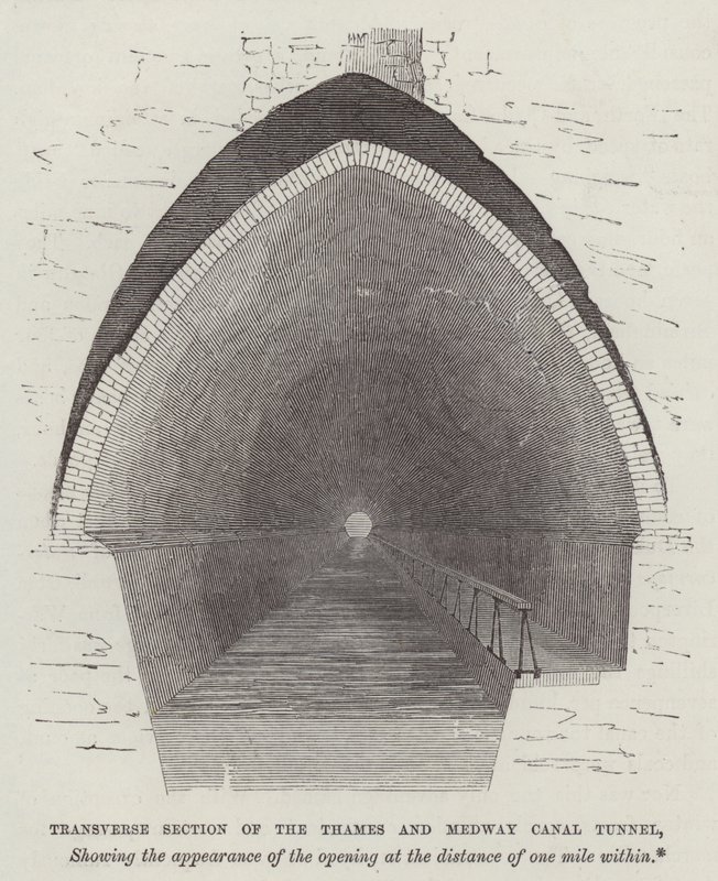 Tverrgående seksjon av Thames og Medway Canal Tunnel (gravering) av English School
