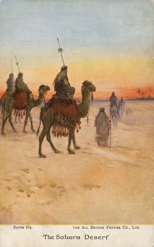Reisende i Sahara-ørkenen (farge litho) av English School