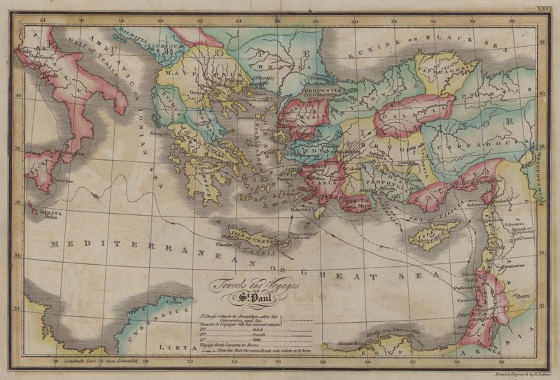 Travels and Voyages of St Paul (farget gravering) av English School