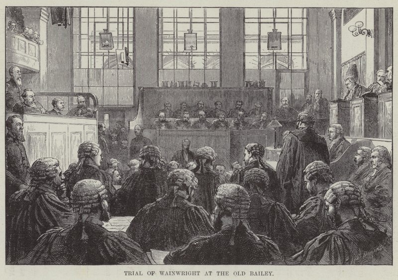 Rettssak mot Wainwright ved Old Bailey (gravering) av English School
