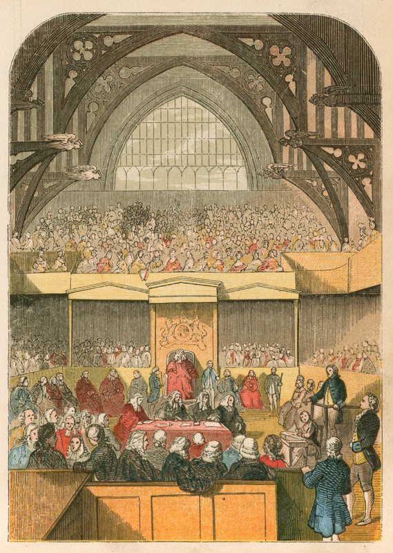 Rettssak mot Warren Hastings i Westminster Hall av English School