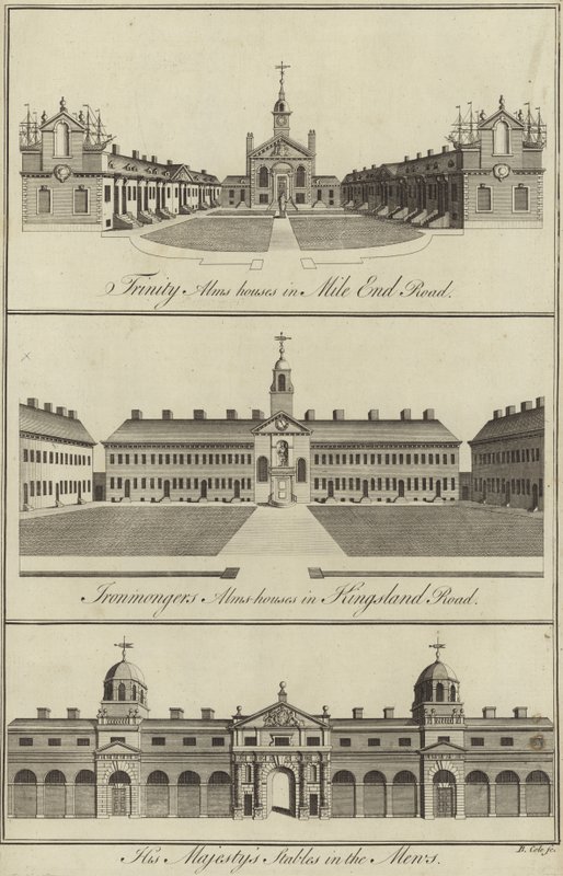 Trinity Almshouses i Mile End Road, Ironmongers Almshouses i Kingsland Road og His Majestys Stables in the Mews, London av English School