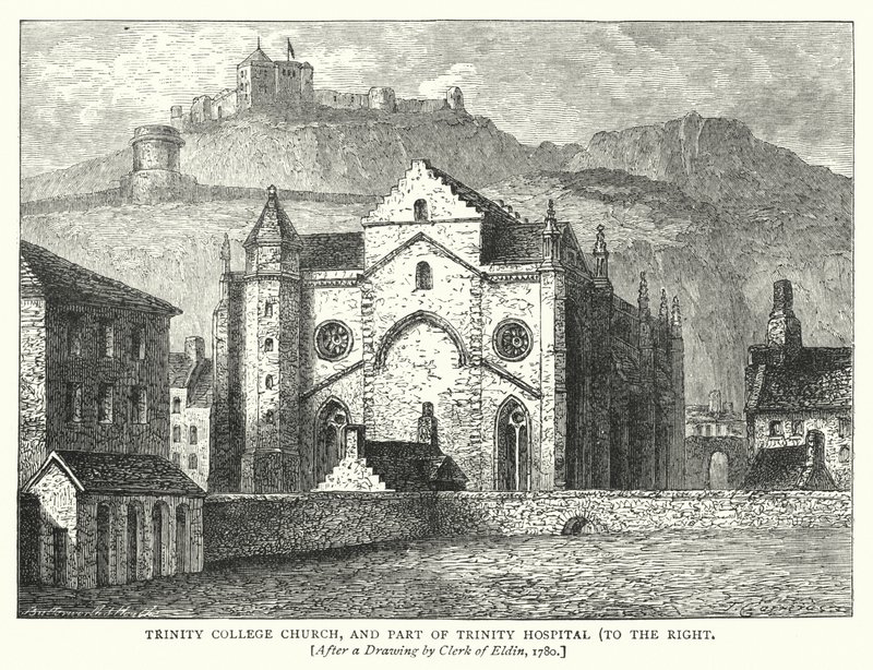 Trinity College Church, og en del av Trinity Hospital, til høyre (gravering) av English School